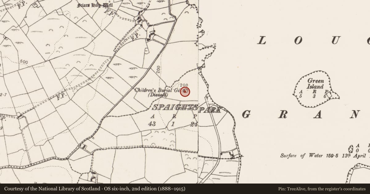 Ordnance Survey six-inch map, 2nd edition (1888–1915) covering the location of Children's burial ground, Spaightspark, County Clare, with a pin at the register's coordinates