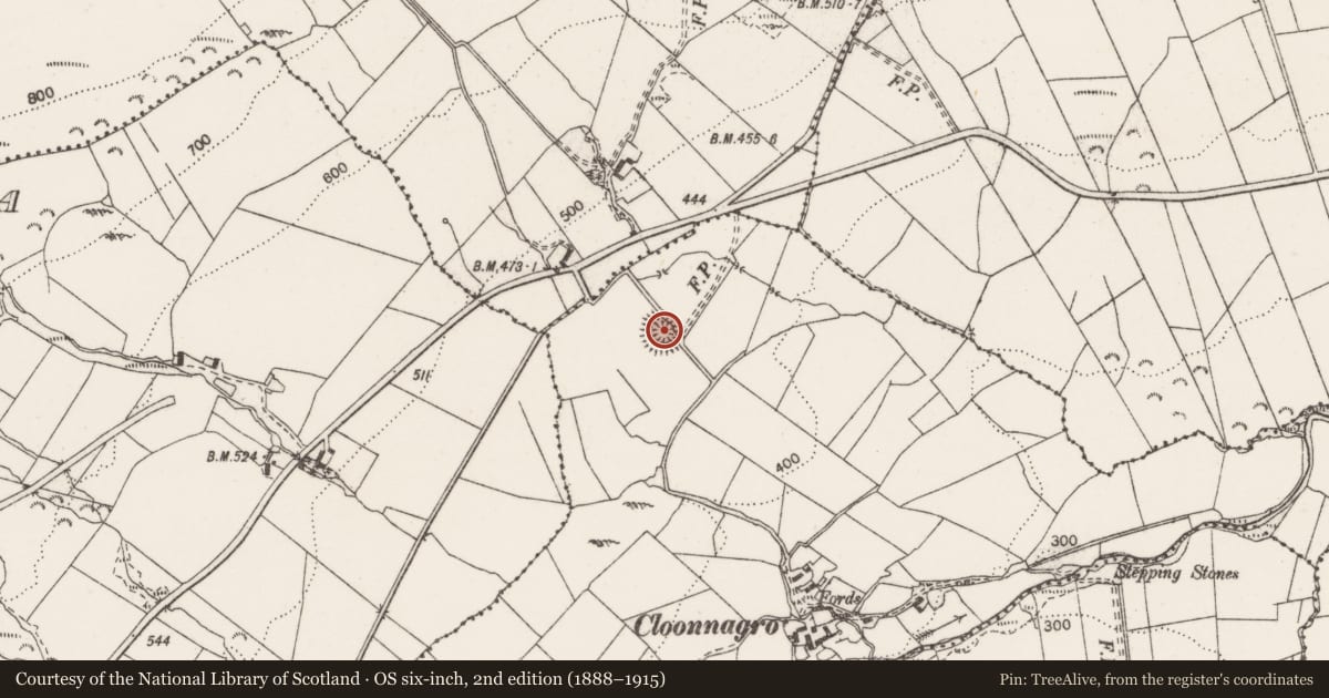 Ordnance Survey six-inch map, 2nd edition (1888–1915) covering the location of Ringfort - rath, Cloonnagro, County Clare, with a pin at the register's coordinates