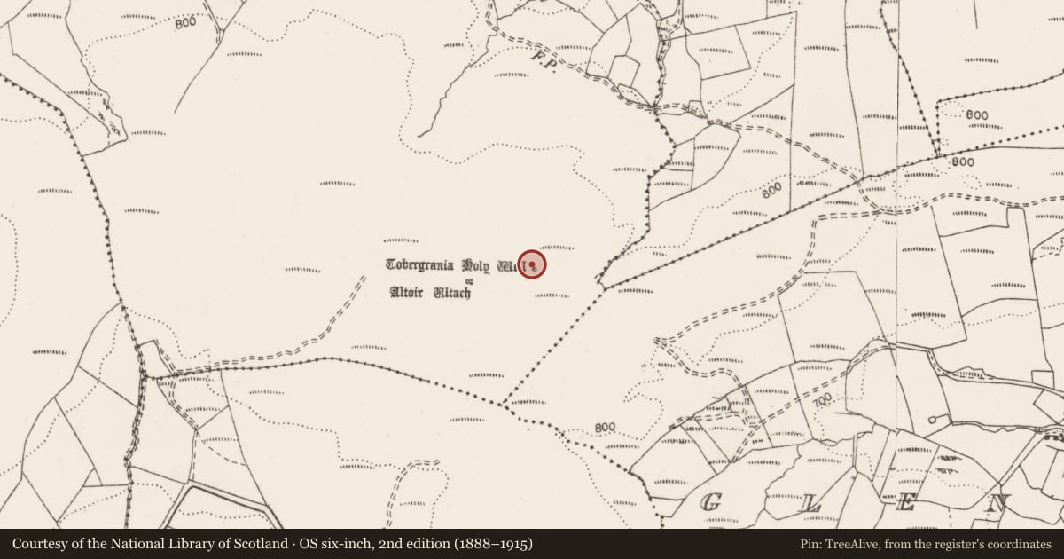 Ordnance Survey six-inch map, 2nd edition (1888–1915) covering the location of Ritual site - holy well, Ballycroum, County Clare, with a pin at the register's coordinates