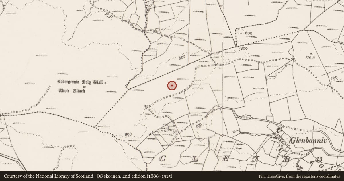 Ordnance Survey six-inch map, 2nd edition (1888–1915) covering the location of Inscribed stone, Glenbonniv, County Clare, with a pin at the register's coordinates