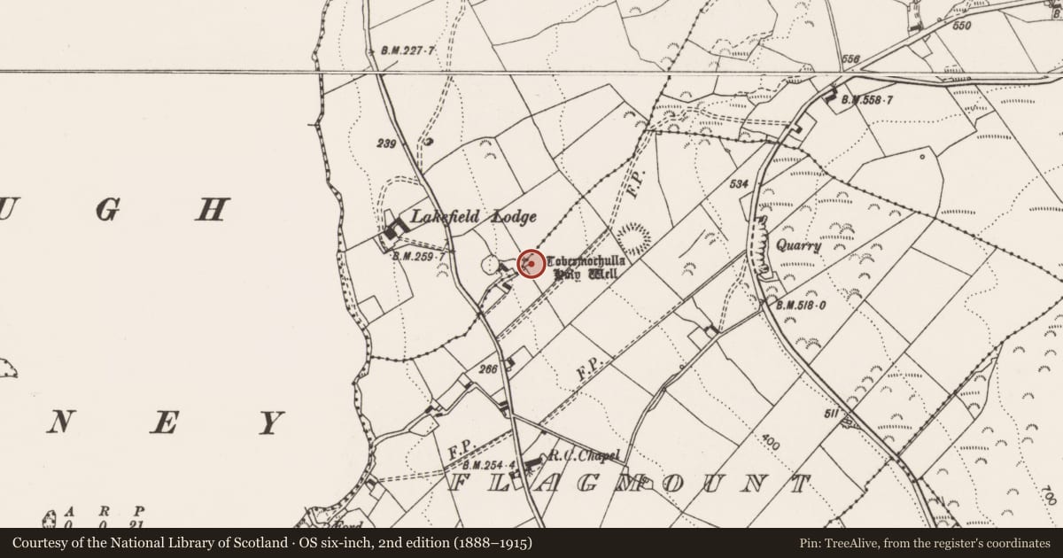 Ordnance Survey six-inch map, 2nd edition (1888–1915) covering the location of Ritual site - holy well, Flagmount, County Clare, with a pin at the register's coordinates