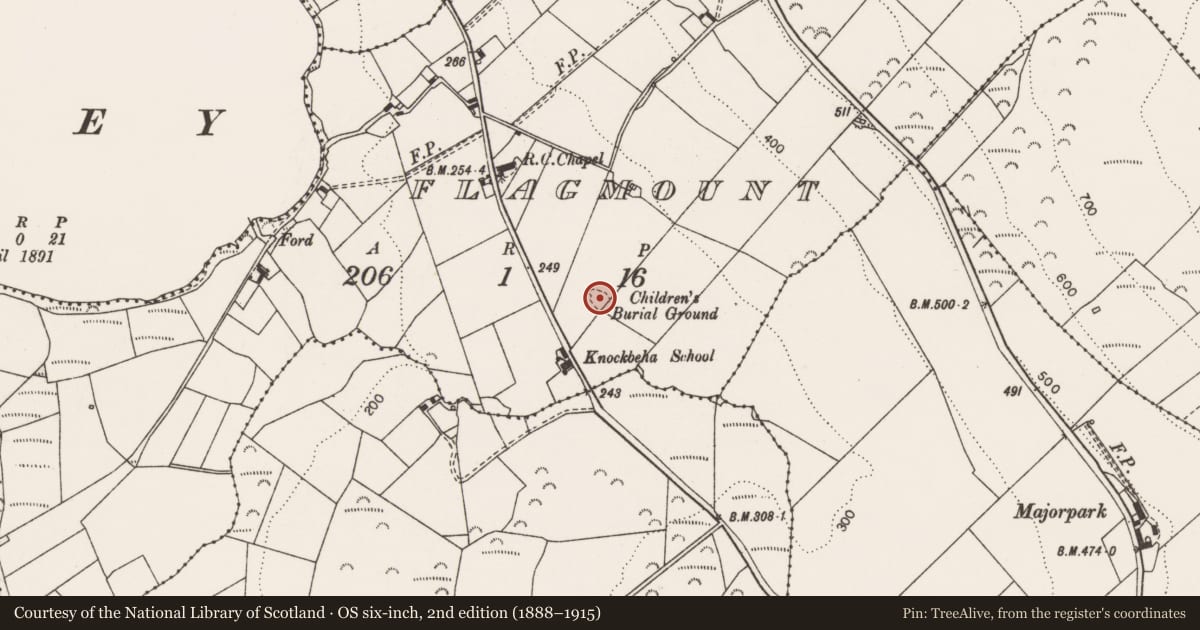 Ordnance Survey six-inch map, 2nd edition (1888–1915) covering the location of Children's burial ground, Flagmount, County Clare, with a pin at the register's coordinates