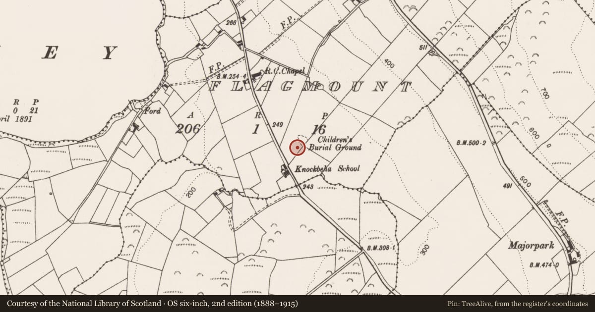 Ordnance Survey six-inch map, 2nd edition (1888–1915) covering the location of Ecclesiastical enclosure, Flagmount, County Clare, with a pin at the register's coordinates
