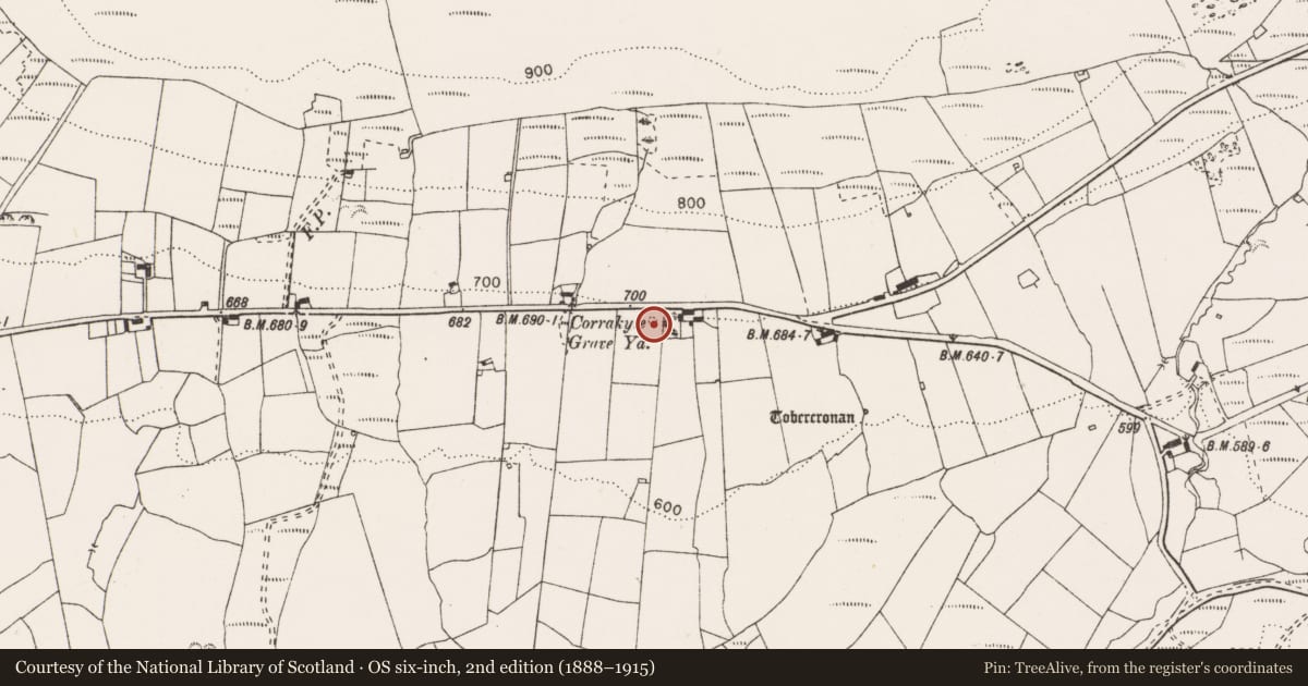 Ordnance Survey six-inch map, 2nd edition (1888–1915) covering the location of Children's burial ground, Corrakyle, County Clare, with a pin at the register's coordinates