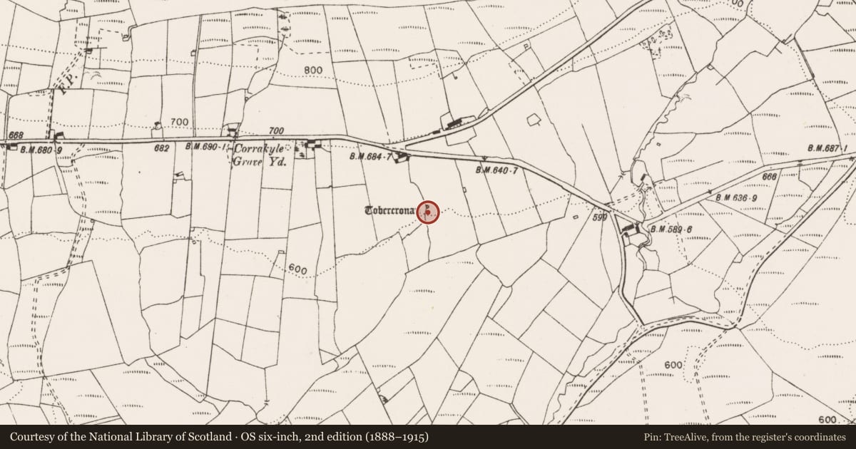 Ordnance Survey six-inch map, 2nd edition (1888–1915) covering the location of Ritual site - holy well, Corrakyle, County Clare, with a pin at the register's coordinates