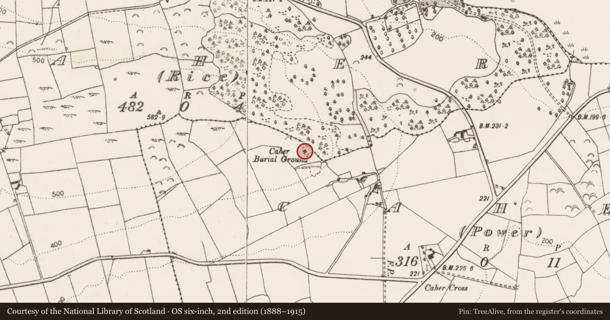 Ordnance Survey six-inch map, 2nd edition (1888–1915) covering the location of Children's burial ground, Caher (Power), County Clare, with a pin at the register's coordinates