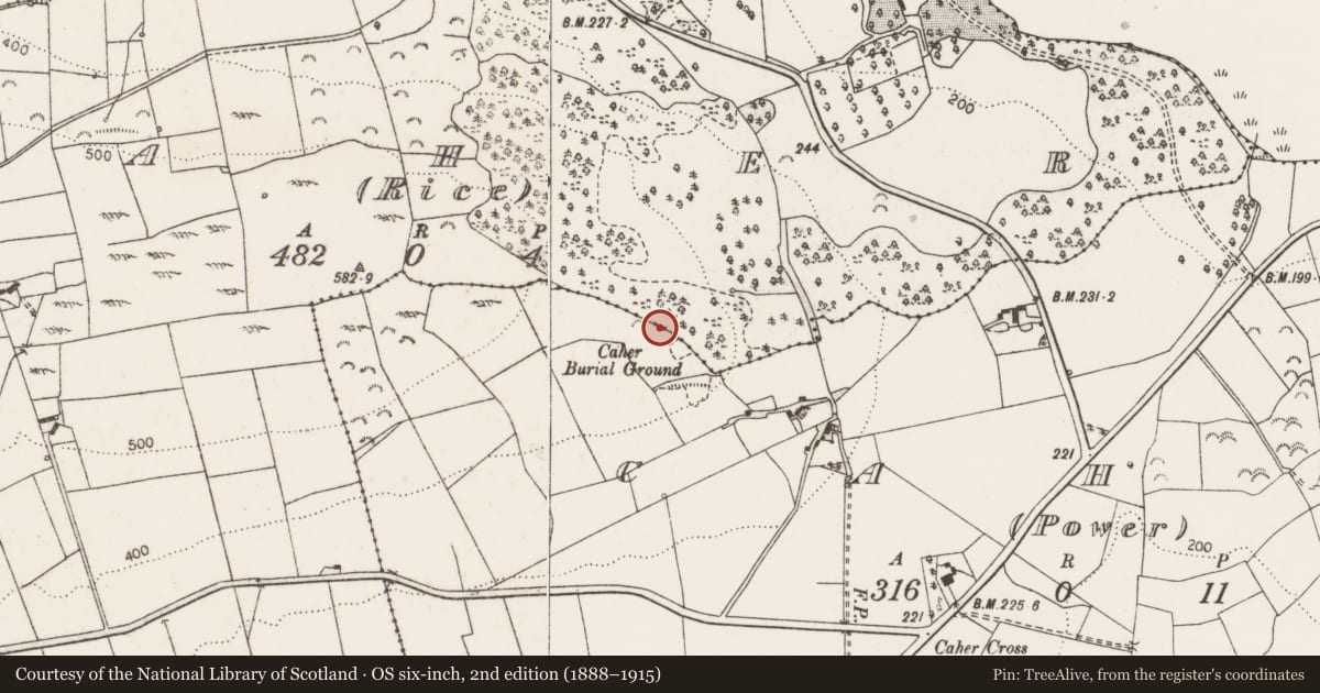 Ordnance Survey six-inch map, 2nd edition (1888–1915) covering the location of Enclosure, Caher (Power), County Clare, with a pin at the register's coordinates