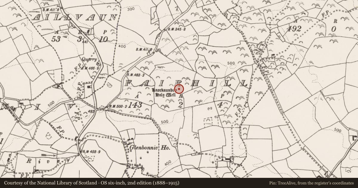 Ordnance Survey six-inch map, 2nd edition (1888–1915) covering the location of Ritual site - holy well, Fairhill, County Clare, with a pin at the register's coordinates