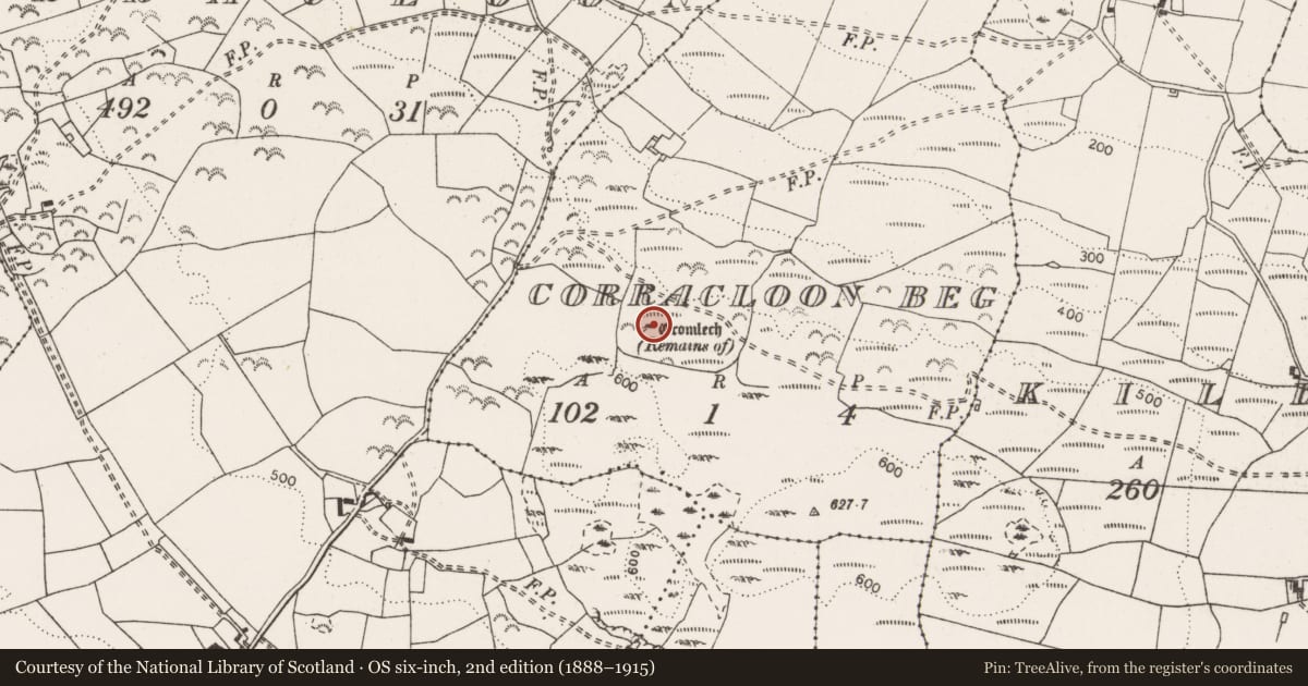 Ordnance Survey six-inch map, 2nd edition (1888–1915) covering the location of Megalithic structure, Corracloon Beg, County Clare, with a pin at the register's coordinates