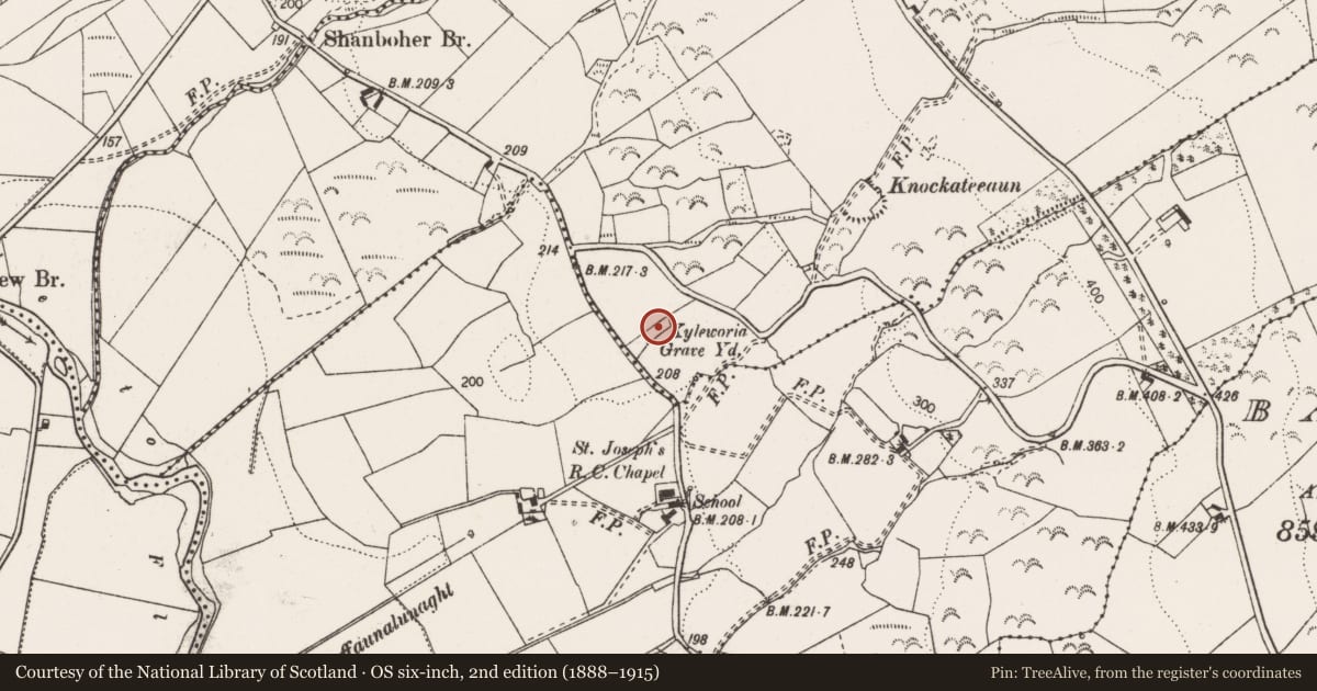 Ordnance Survey six-inch map, 2nd edition (1888–1915) covering the location of Children's burial ground, Cappacannaun, County Clare, with a pin at the register's coordinates