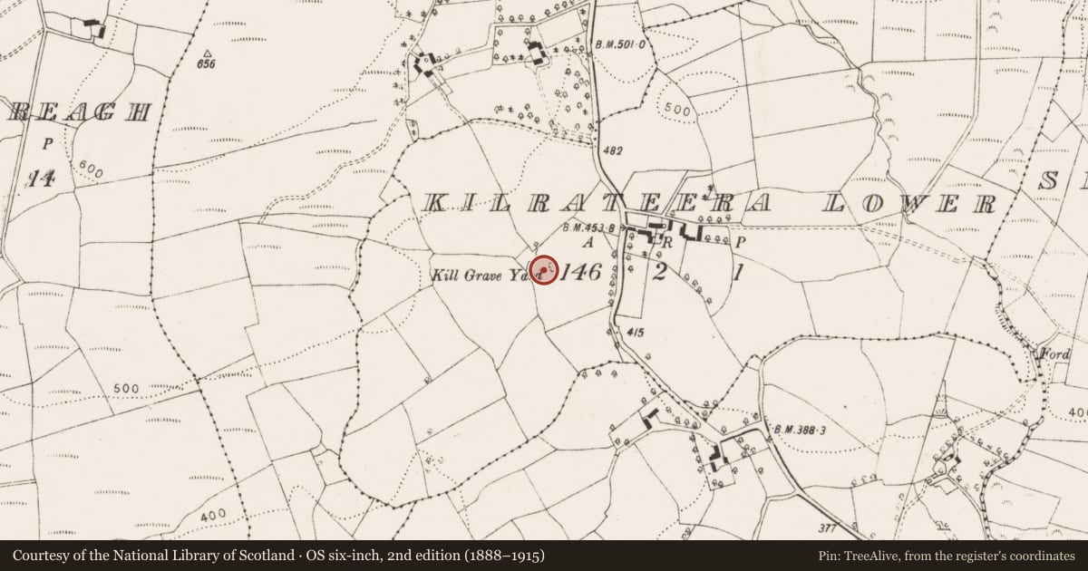 Ordnance Survey six-inch map, 2nd edition (1888–1915) covering the location of Children's burial ground, Kilrateera Lower, County Clare, with a pin at the register's coordinates
