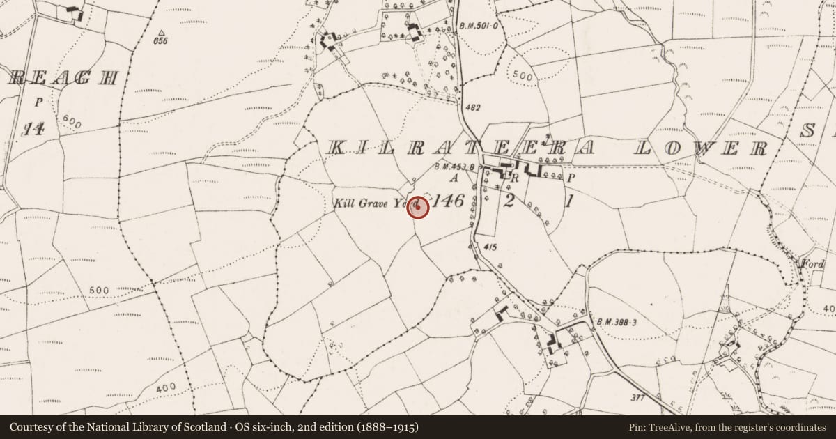 Ordnance Survey six-inch map, 2nd edition (1888–1915) covering the location of Bullaun stone, Kilrateera Lower, County Clare, with a pin at the register's coordinates