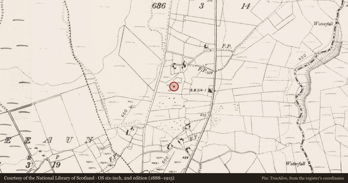 Ordnance Survey six-inch map, 2nd edition (1888–1915) covering the location of Mass-rock, Cappaghabaunpark, County Clare, with a pin at the register's coordinates
