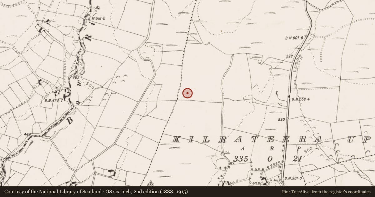 Ordnance Survey six-inch map, 2nd edition (1888–1915) covering the location of Enclosure, Kilrateera Upper, County Clare, with a pin at the register's coordinates