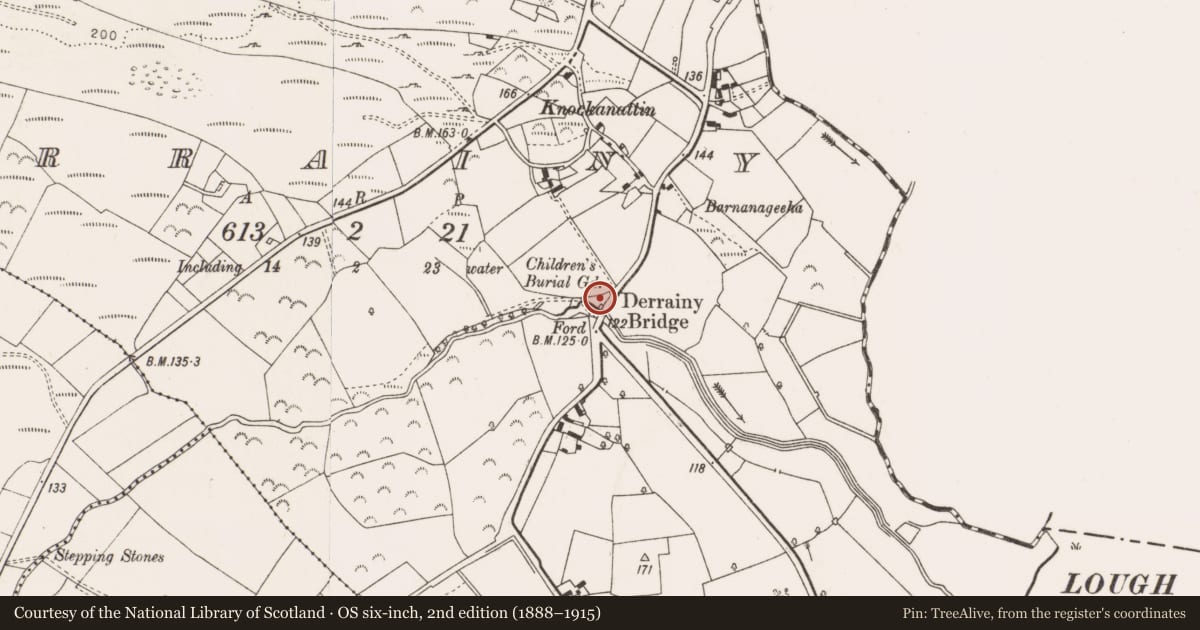 Ordnance Survey six-inch map, 2nd edition (1888–1915) covering the location of Bullaun stone, Derrainy, County Clare, with a pin at the register's coordinates