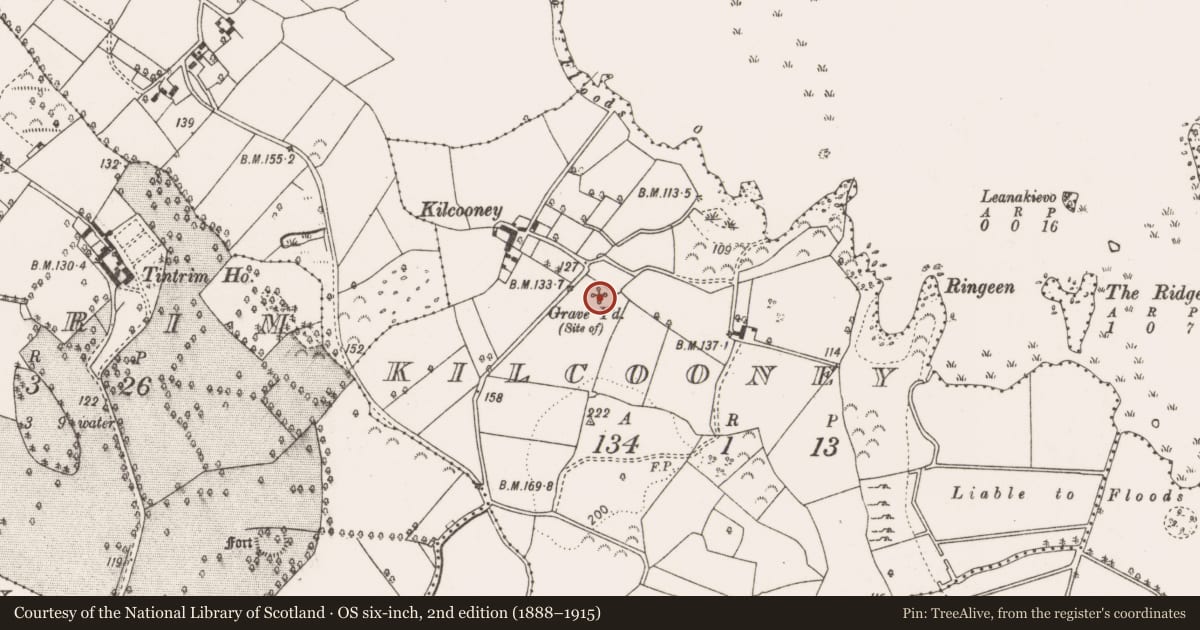 Ordnance Survey six-inch map, 2nd edition (1888–1915) covering the location of Children's burial ground, Kilcooney, County Clare, with a pin at the register's coordinates