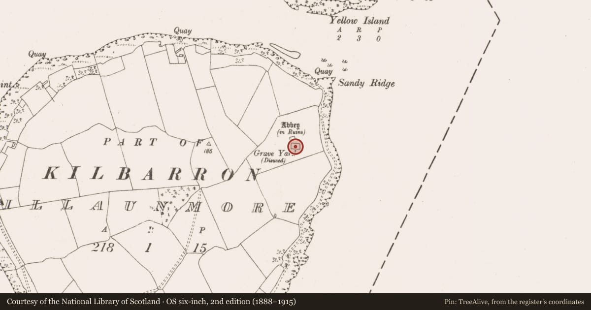 Ordnance Survey six-inch map, 2nd edition (1888–1915) covering the location of Graveyard, Illaunmore, County Clare, with a pin at the register's coordinates