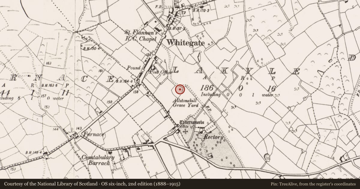 Ordnance Survey six-inch map, 2nd edition (1888–1915) covering the location of Children's burial ground, Lakyle, County Clare, with a pin at the register's coordinates