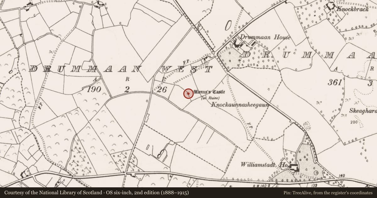 Ordnance Survey six-inch map, 2nd edition (1888–1915) covering the location of Castle - unclassified, Drummaan West, County Clare, with a pin at the register's coordinates