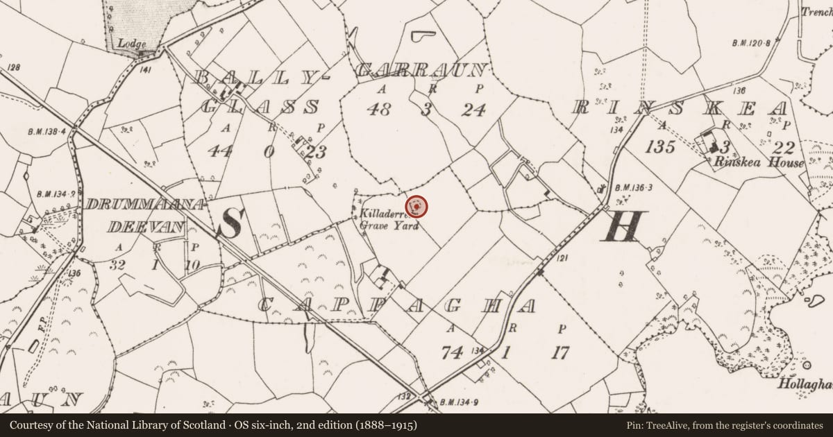 Ordnance Survey six-inch map, 2nd edition (1888–1915) covering the location of Children's burial ground, Cappagha, County Clare, with a pin at the register's coordinates