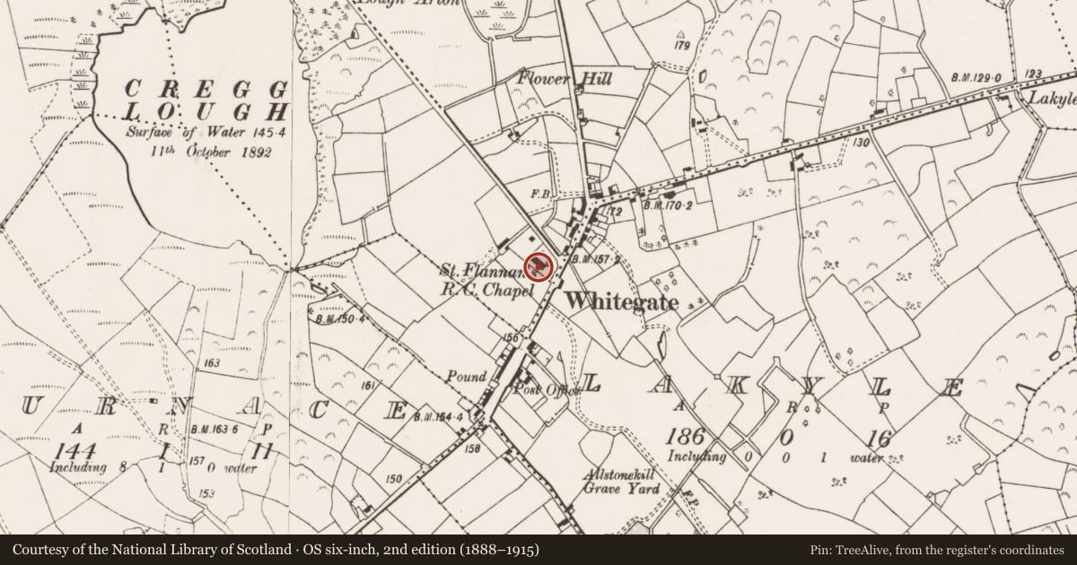 Ordnance Survey six-inch map, 2nd edition (1888–1915) covering the location of Church, Whitegate, County Clare, with a pin at the register's coordinates