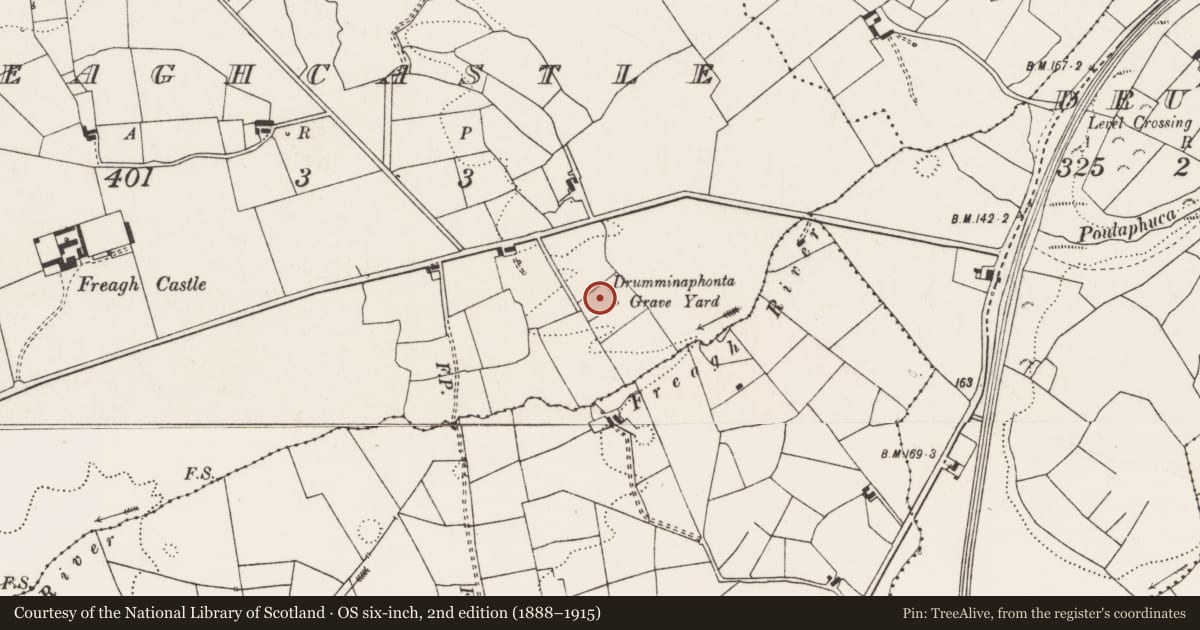 Ordnance Survey six-inch map, 2nd edition (1888–1915) covering the location of Burial ground, Freaghcastle, County Clare, with a pin at the register's coordinates