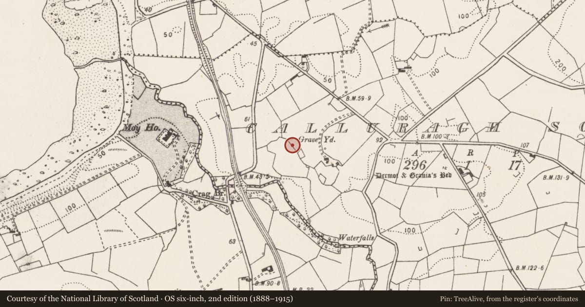 Ordnance Survey six-inch map, 2nd edition (1888–1915) covering the location of Burial ground, Calluragh South, County Clare, with a pin at the register's coordinates