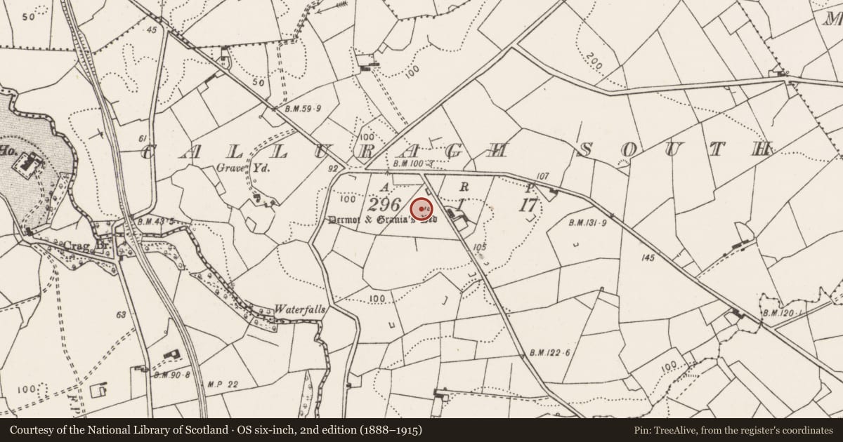 Ordnance Survey six-inch map, 2nd edition (1888–1915) covering the location of Megalithic tomb - unclassified, Calluragh South, County Clare, with a pin at the register's coordinates