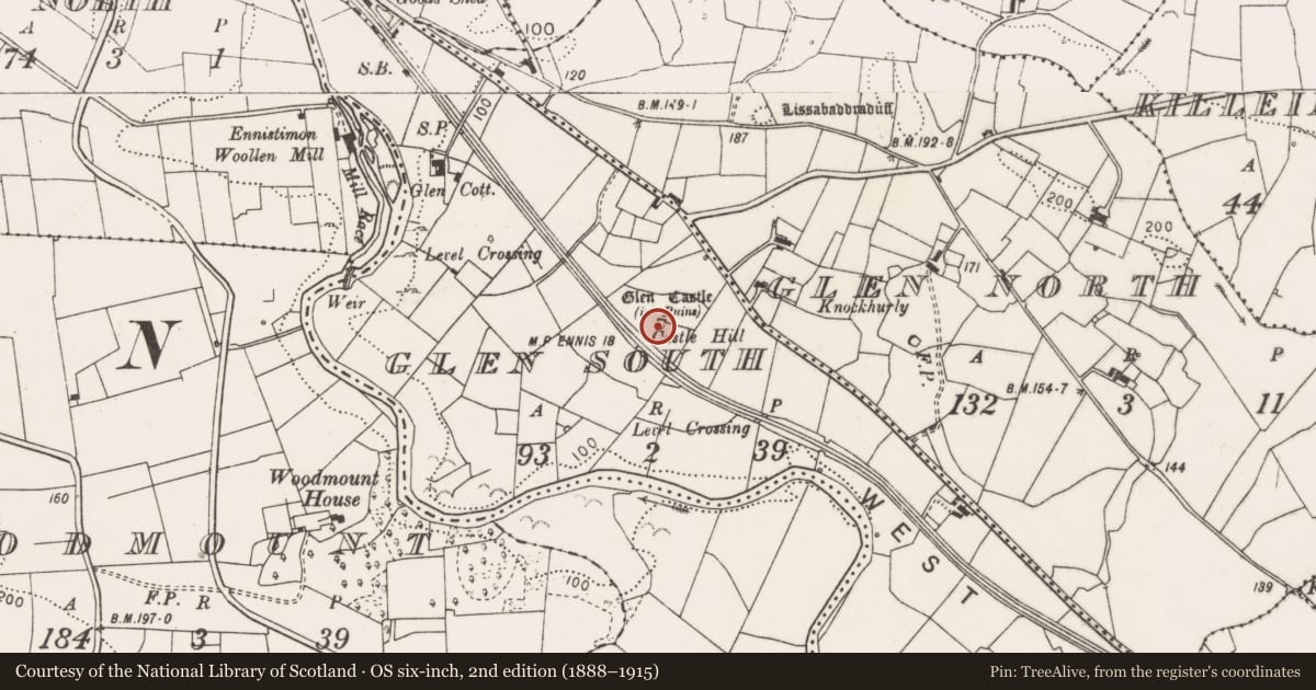 Ordnance Survey six-inch map, 2nd edition (1888–1915) covering the location of Castle - tower house, Glen South, County Clare, with a pin at the register's coordinates
