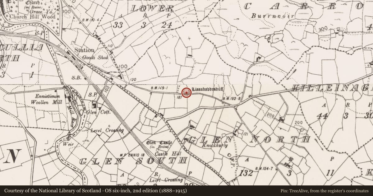 Ordnance Survey six-inch map, 2nd edition (1888–1915) covering the location of Ringfort - rath, Glen North, County Clare, with a pin at the register's coordinates
