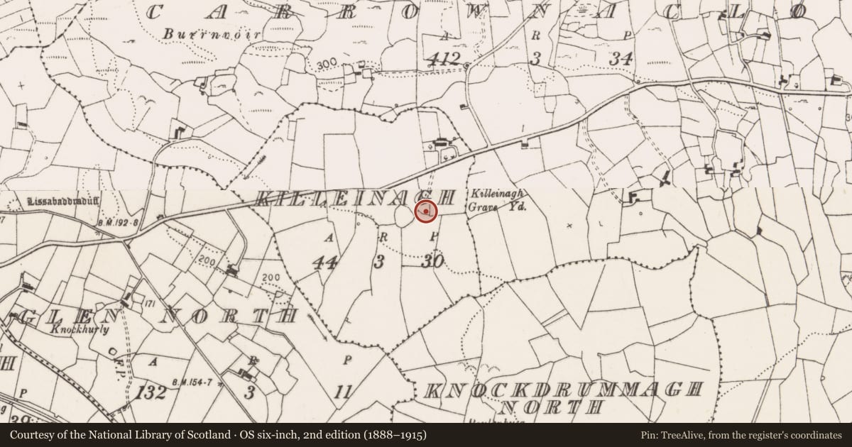 Ordnance Survey six-inch map, 2nd edition (1888–1915) covering the location of Burial ground, Killeinagh, County Clare, with a pin at the register's coordinates
