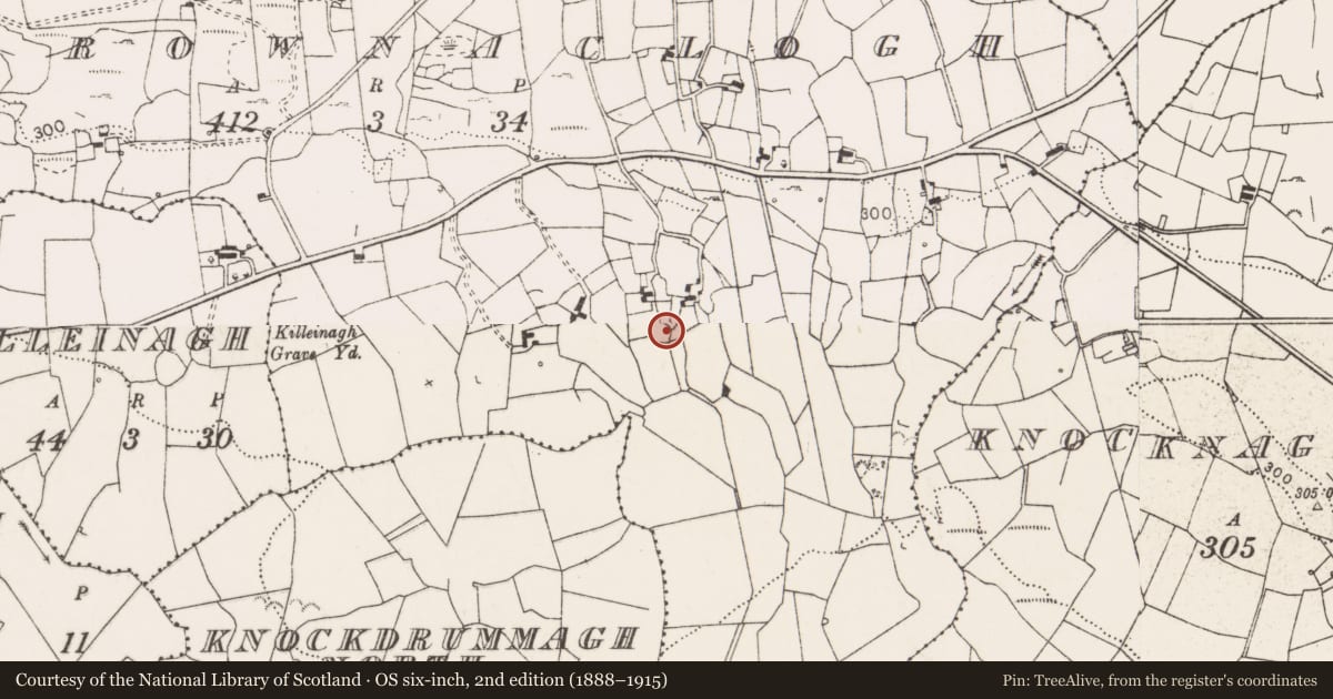 Ordnance Survey six-inch map, 2nd edition (1888–1915) covering the location of Ringfort - rath, Carrownaclogh, County Clare, with a pin at the register's coordinates
