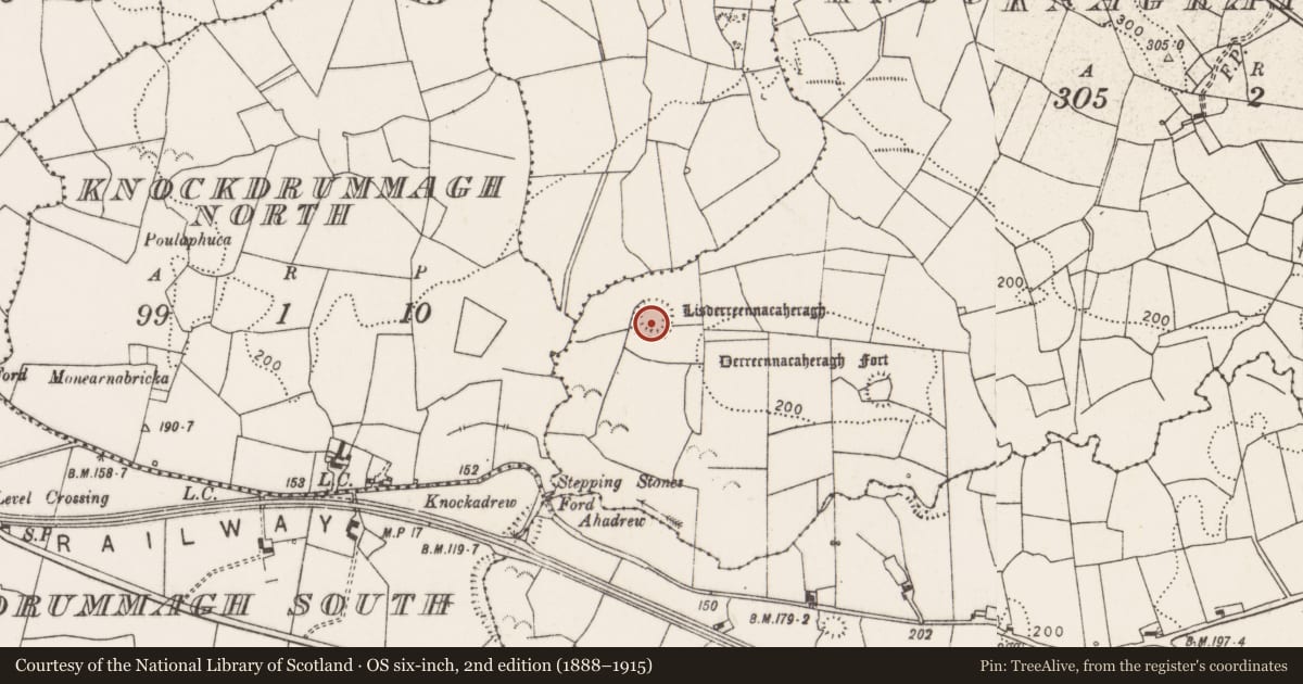 Ordnance Survey six-inch map, 2nd edition (1888–1915) covering the location of Ringfort - rath, Knocknagraigue West, County Clare, with a pin at the register's coordinates