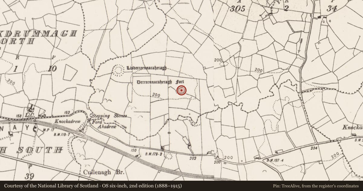 Ordnance Survey six-inch map, 2nd edition (1888–1915) covering the location of Enclosure, Knocknagraigue West, County Clare, with a pin at the register's coordinates