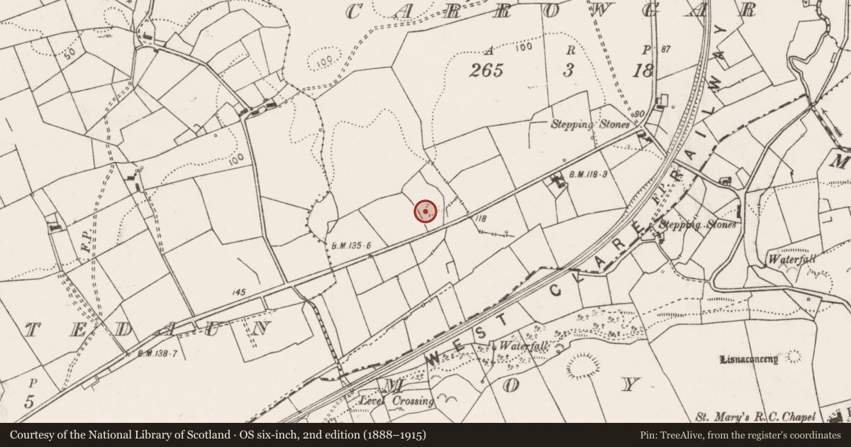 Ordnance Survey six-inch map, 2nd edition (1888–1915) covering the location of Ringfort - rath, Carrowgar, County Clare, with a pin at the register's coordinates