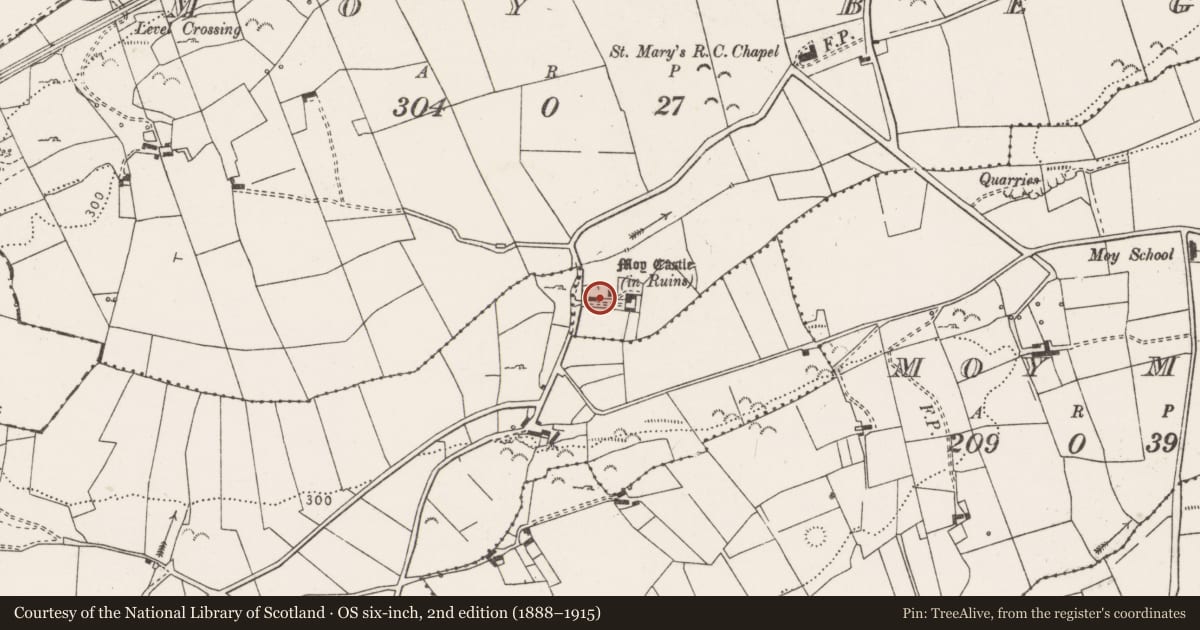 Ordnance Survey six-inch map, 2nd edition (1888–1915) covering the location of Bawn, Moy Beg, County Clare, with a pin at the register's coordinates
