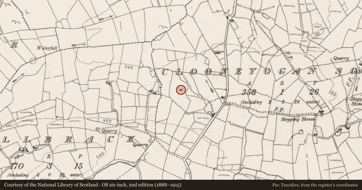 Ordnance Survey six-inch map, 2nd edition (1888–1915) covering the location of Ringfort - rath, Clooneyogan South, County Clare, with a pin at the register's coordinates