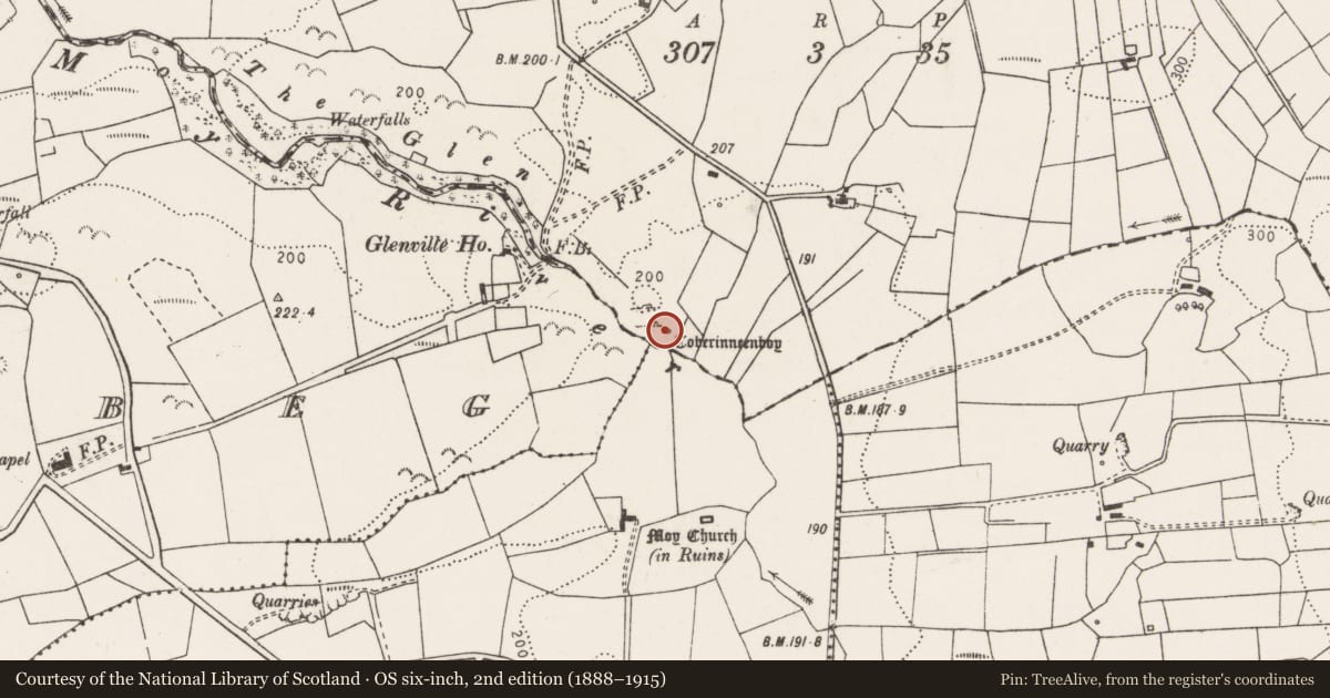 Ordnance Survey six-inch map, 2nd edition (1888–1915) covering the location of Ritual site - holy well, Tullygarvan West, County Clare, with a pin at the register's coordinates