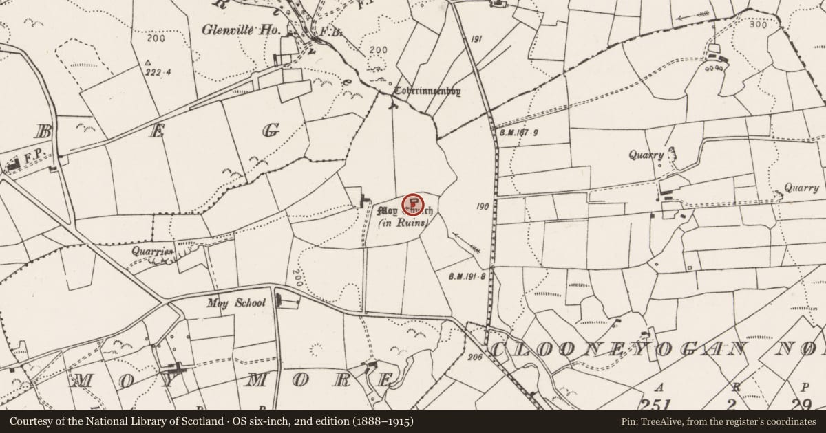 Ordnance Survey six-inch map, 2nd edition (1888–1915) covering the location of Church, Moy More, County Clare, with a pin at the register's coordinates