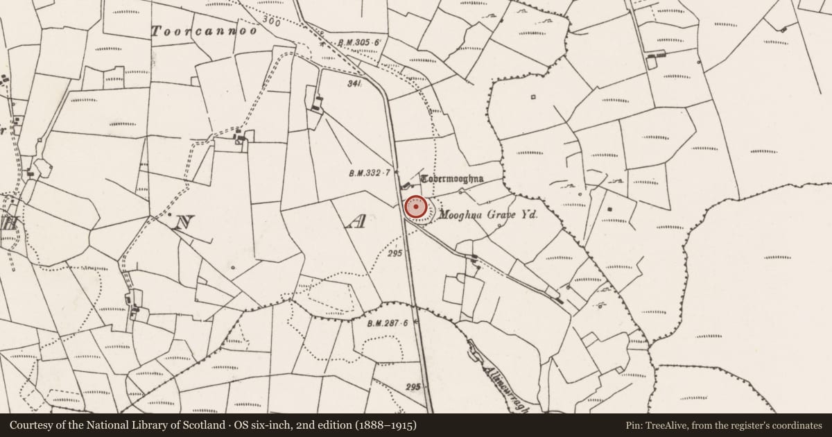 Ordnance Survey six-inch map, 2nd edition (1888–1915) covering the location of Burial ground, Mooghna, County Clare, with a pin at the register's coordinates