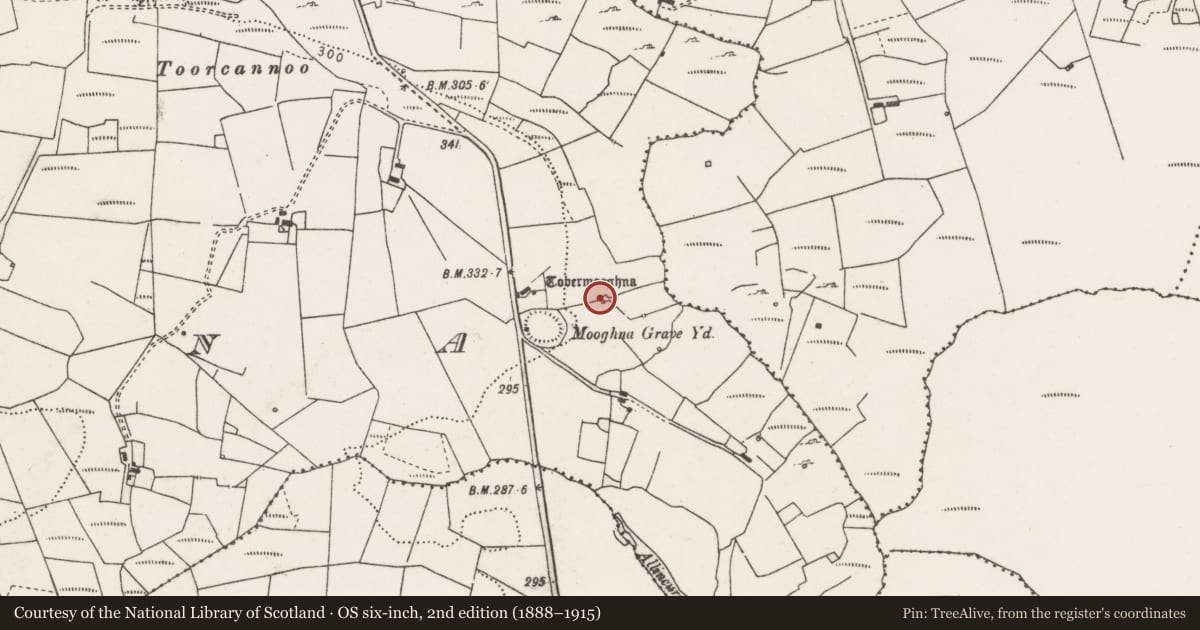 Ordnance Survey six-inch map, 2nd edition (1888–1915) covering the location of Ritual site - holy well, Mooghna, County Clare, with a pin at the register's coordinates