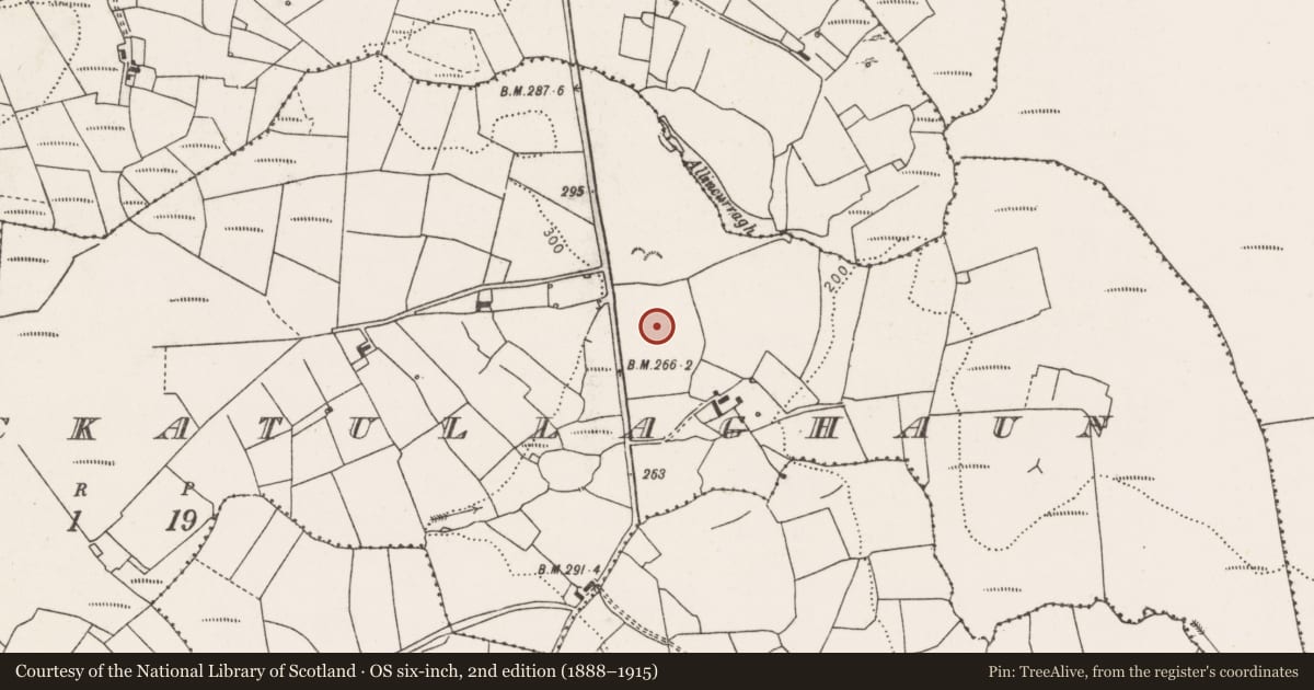 Ordnance Survey six-inch map, 2nd edition (1888–1915) covering the location of Barrow - ring-barrow, Knockatullaghaun, County Clare, with a pin at the register's coordinates