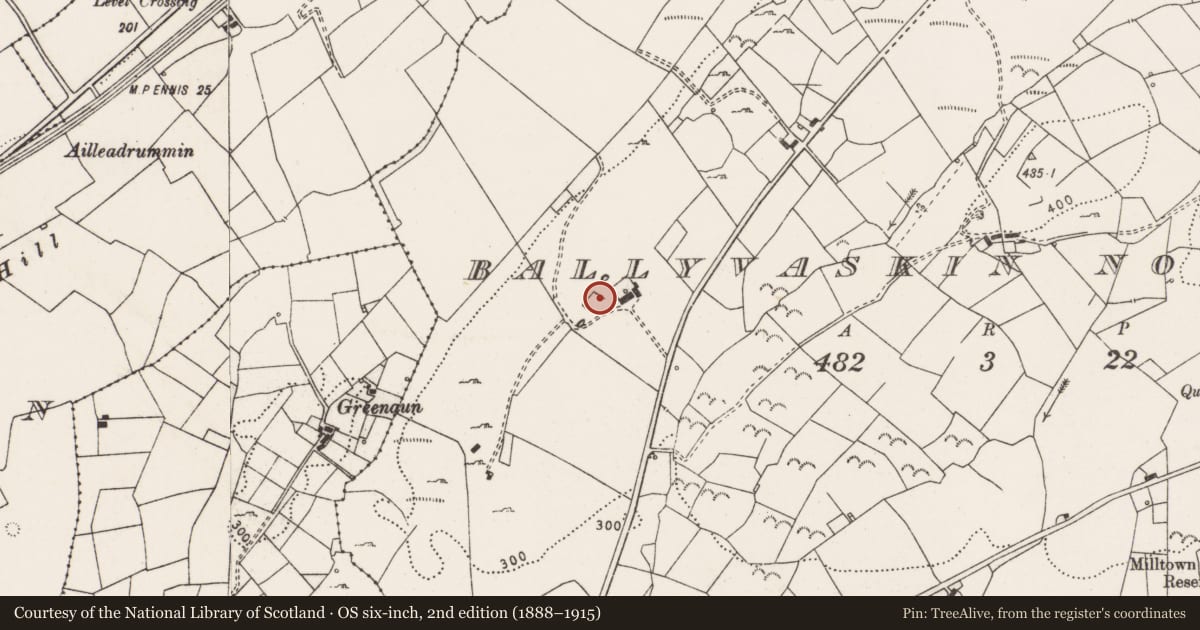 Ordnance Survey six-inch map, 2nd edition (1888–1915) covering the location of Ringfort - rath, Ballyvaskin North, County Clare, with a pin at the register's coordinates