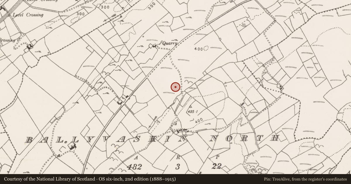 Ordnance Survey six-inch map, 2nd edition (1888–1915) covering the location of Barrow - ring-barrow, Ballyvaskin North, County Clare, with a pin at the register's coordinates