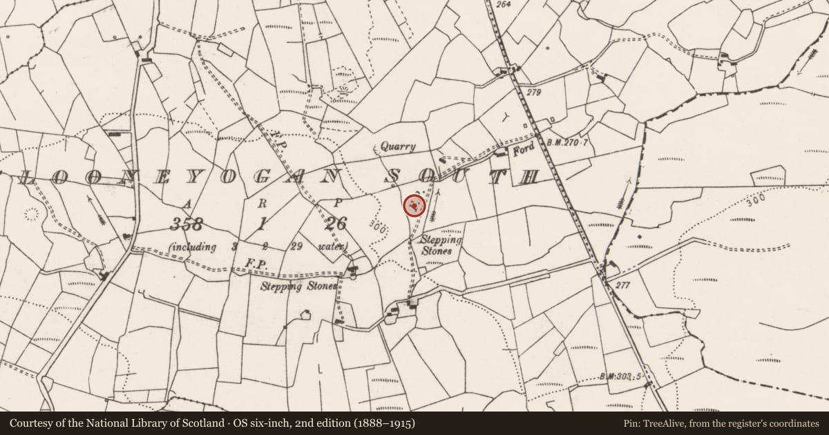 Ordnance Survey six-inch map, 2nd edition (1888–1915) covering the location of Concentric enclosure, Clooneyogan South, County Clare, with a pin at the register's coordinates