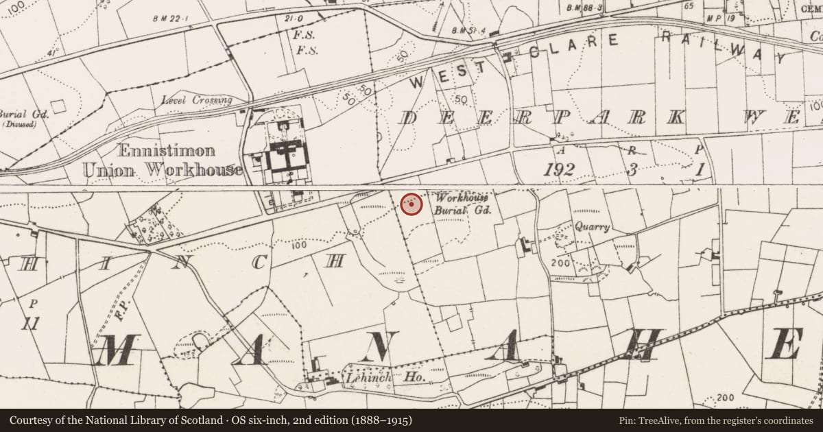 Ordnance Survey six-inch map, 2nd edition (1888–1915) covering the location of Burial ground, Deerpark West, County Clare, with a pin at the register's coordinates