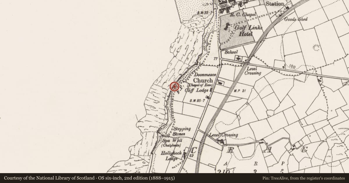 Ordnance Survey six-inch map, 2nd edition (1888–1915) covering the location of Cliff-edge fort, Crag, County Clare, with a pin at the register's coordinates