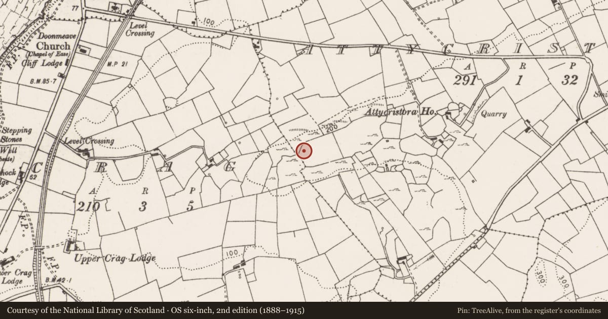 Ordnance Survey six-inch map, 2nd edition (1888–1915) covering the location of Enclosure, Attycristora, County Clare, with a pin at the register's coordinates