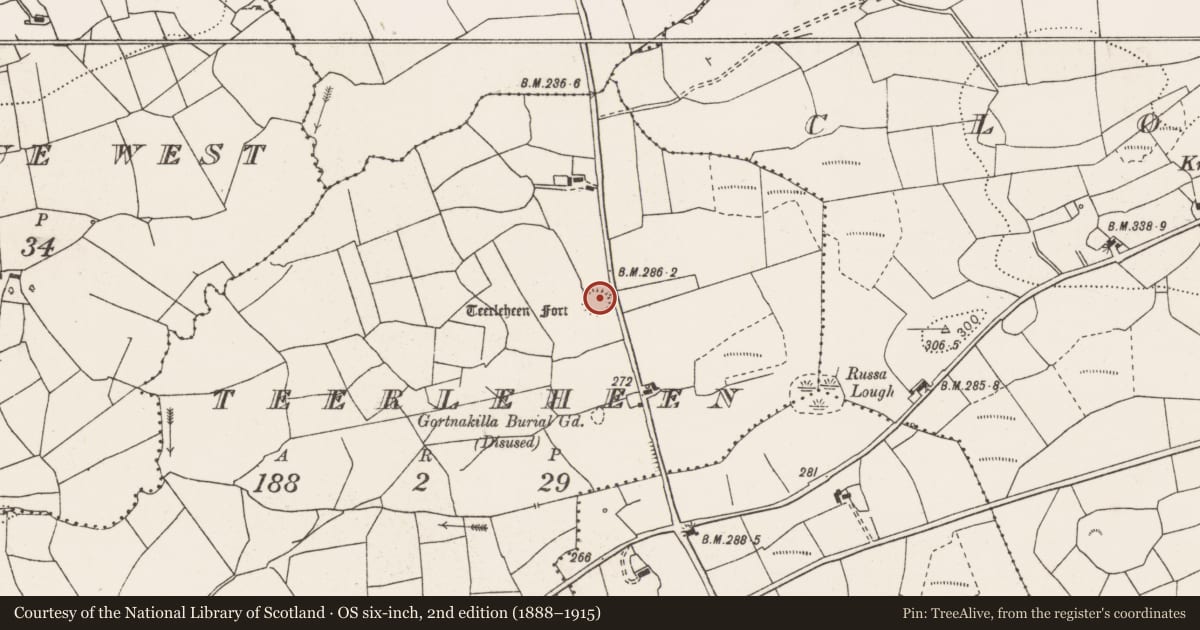 Ordnance Survey six-inch map, 2nd edition (1888–1915) covering the location of Ringfort - rath, Teerleheen, County Clare, with a pin at the register's coordinates