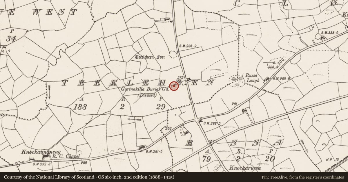 Ordnance Survey six-inch map, 2nd edition (1888–1915) covering the location of Children's burial ground, Teerleheen, County Clare, with a pin at the register's coordinates